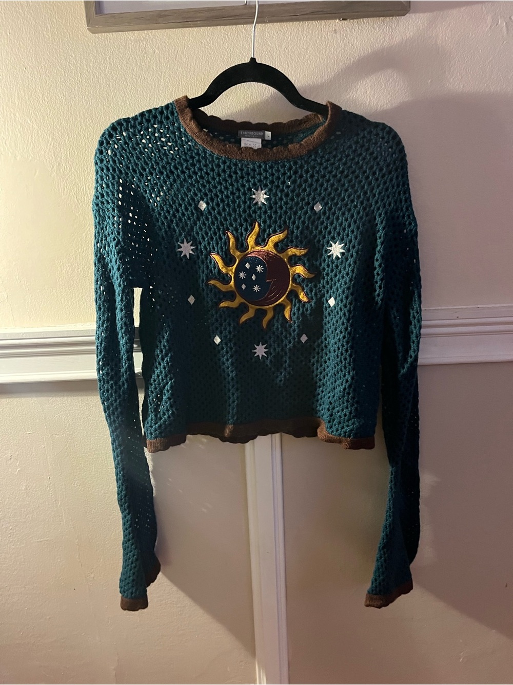 Crochet Teal Sun & Moon Sweater with Brown Trim